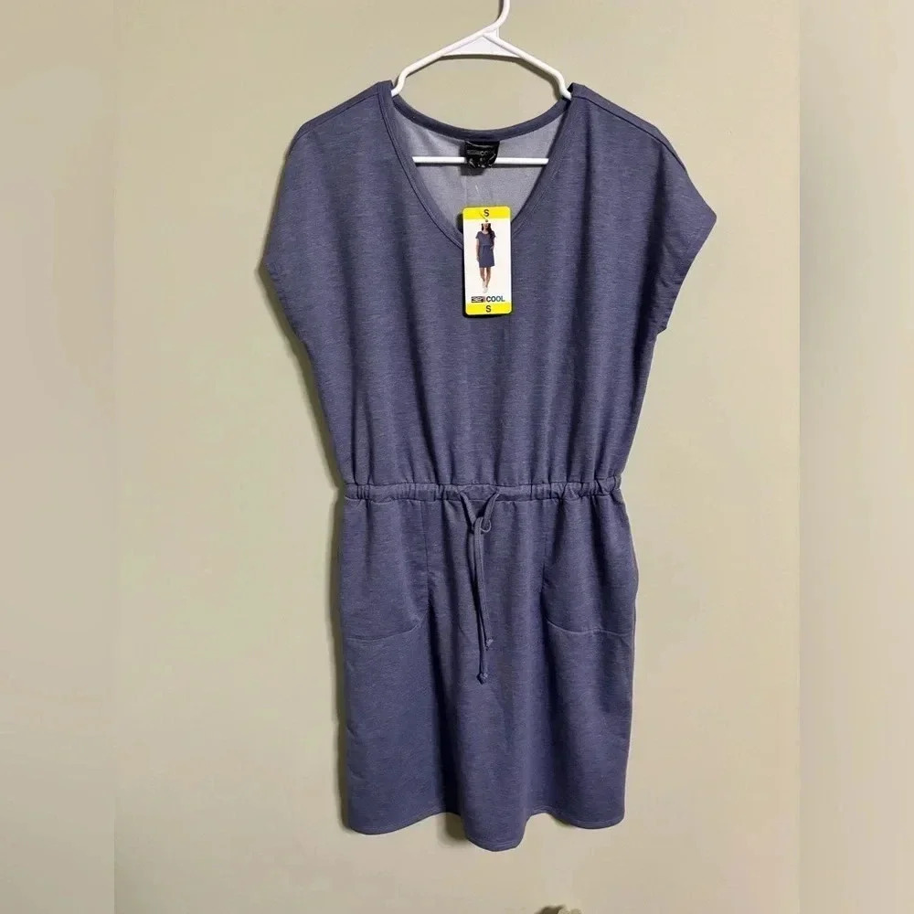32 Degrees Cool Soft Lux Dress Short Sleeve Ruched Waist Size Small Blue New NWT